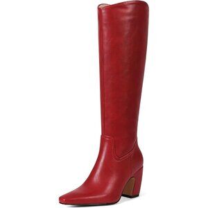 Women's Knee High Red Boots Square Toe Chunky Heel Wide Calf Tall Zipper Boots